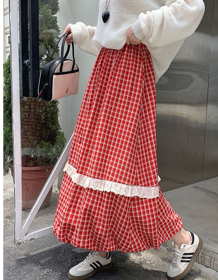 Autumn and winter lace long skirt A-line plaid skirt