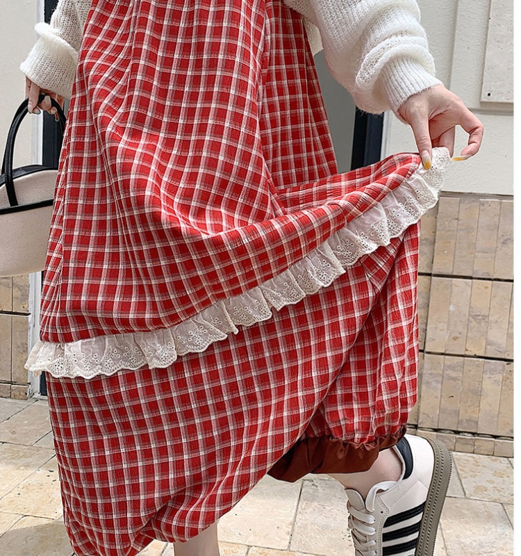 Autumn and winter lace long skirt A-line plaid skirt