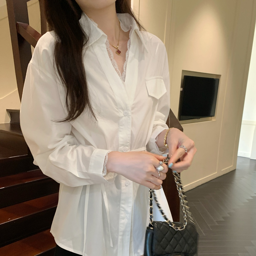Long sleeve lace tops lapel shirt for women