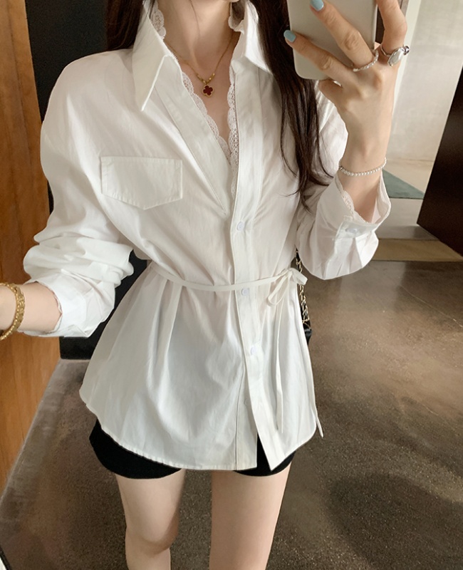 Long sleeve lace tops lapel shirt for women