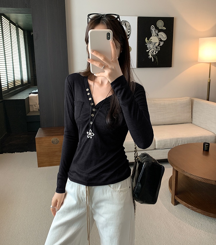 Buckle France style pocket T-shirt V-neck long sleeve slim tops