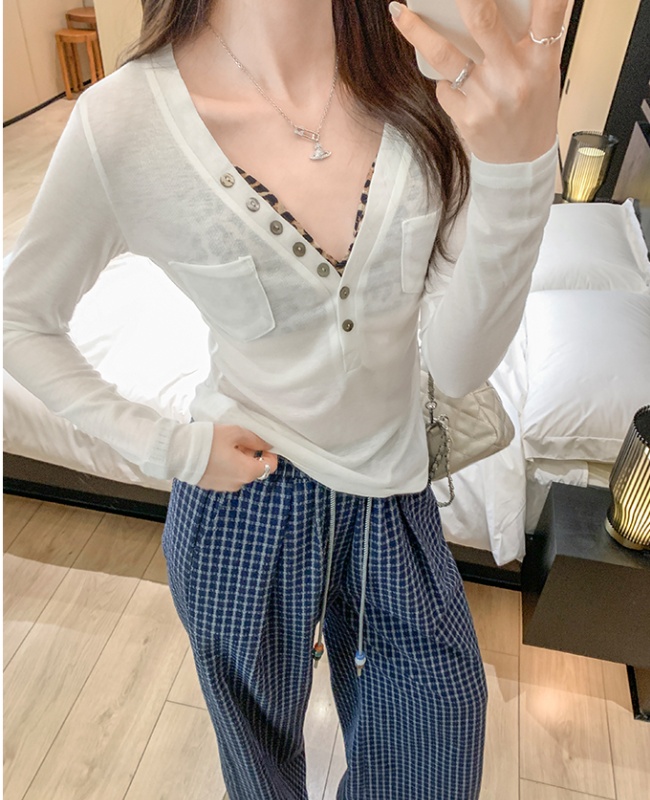 Buckle France style pocket T-shirt V-neck long sleeve slim tops