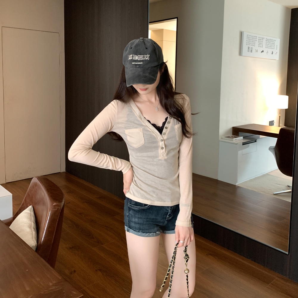 Buckle France style pocket T-shirt V-neck long sleeve slim tops