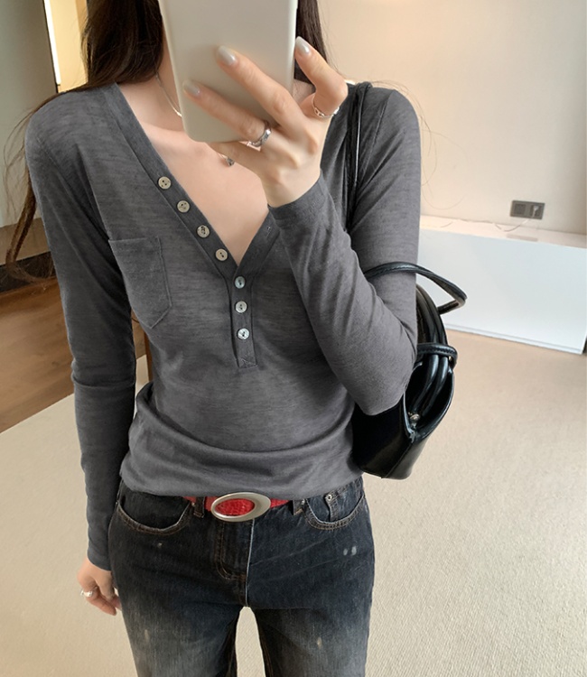 Buckle France style pocket T-shirt V-neck long sleeve slim tops