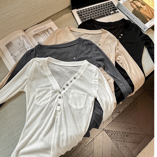 Buckle France style pocket T-shirt V-neck long sleeve slim tops