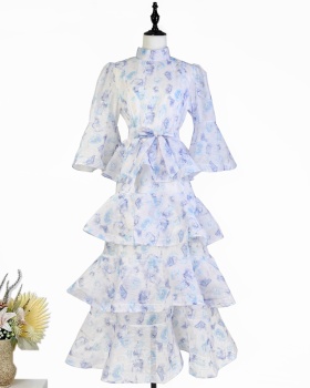 Cake lady trumpet sleeves dress lotus leaf edges retro long dress