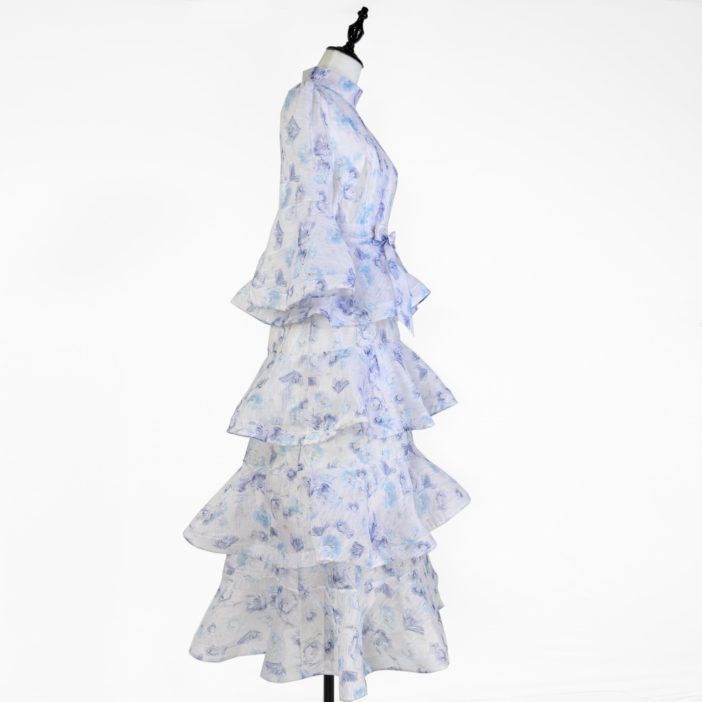 Cake lady trumpet sleeves dress lotus leaf edges retro long dress