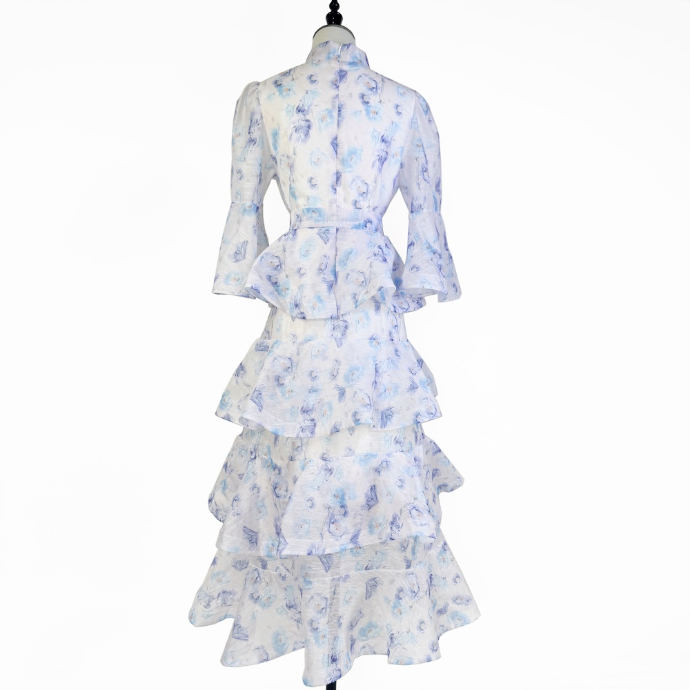 Cake lady trumpet sleeves dress lotus leaf edges retro long dress
