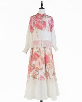 Single-breasted shirt high waist long skirt a set