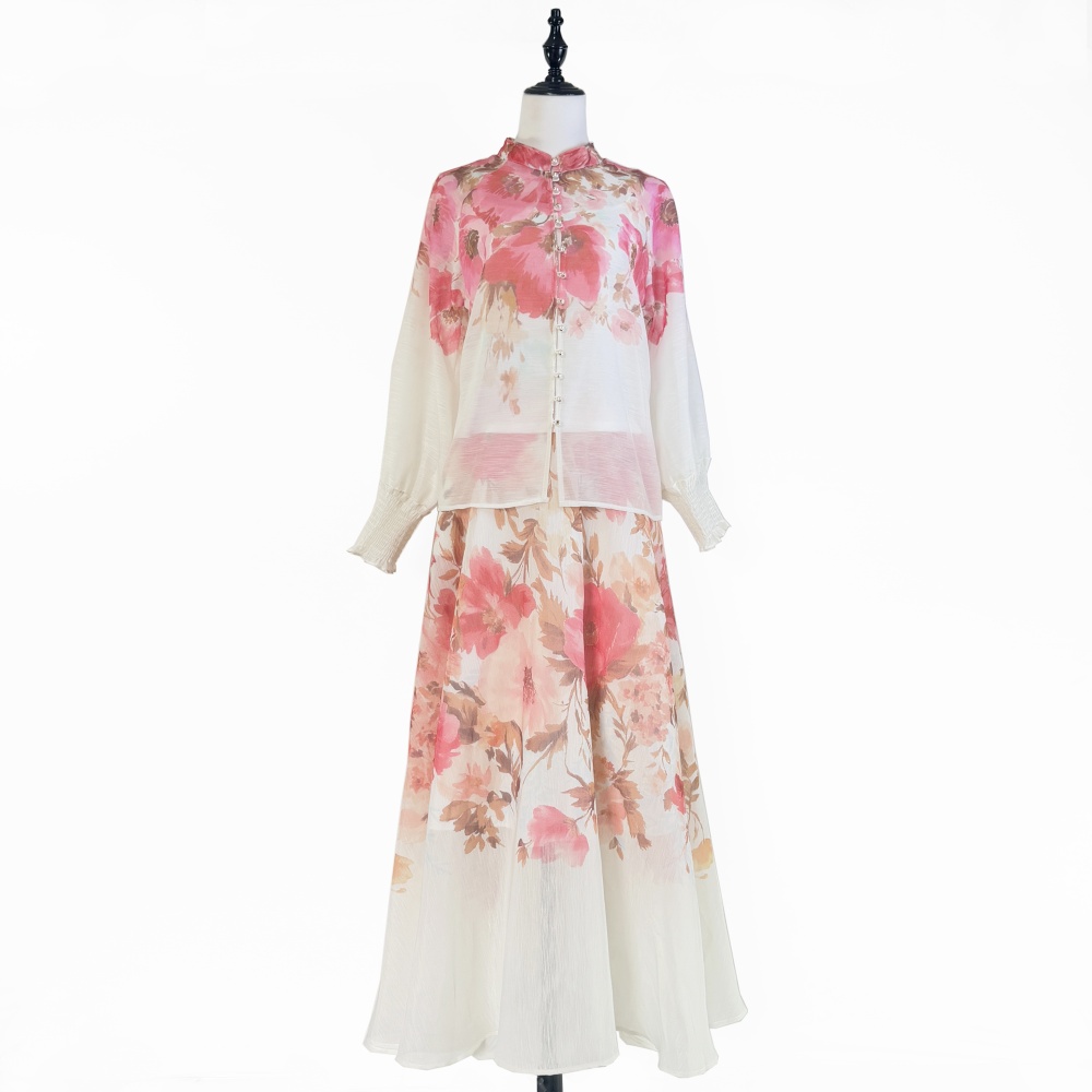 Single-breasted shirt high waist long skirt a set