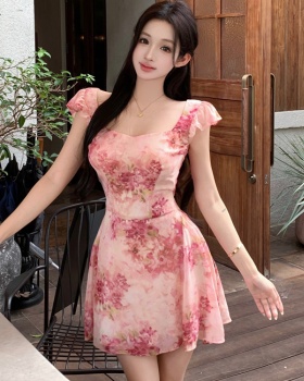 Bandage colors romantic sweet pink printing dress