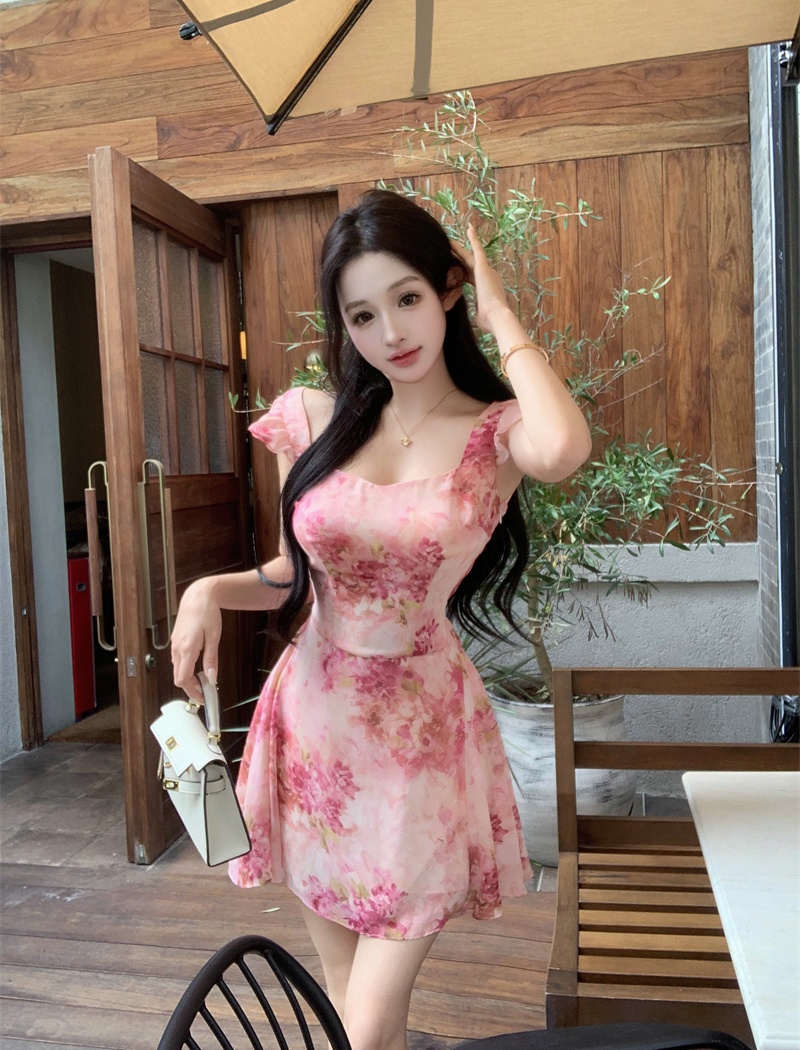 Bandage colors romantic sweet pink printing dress