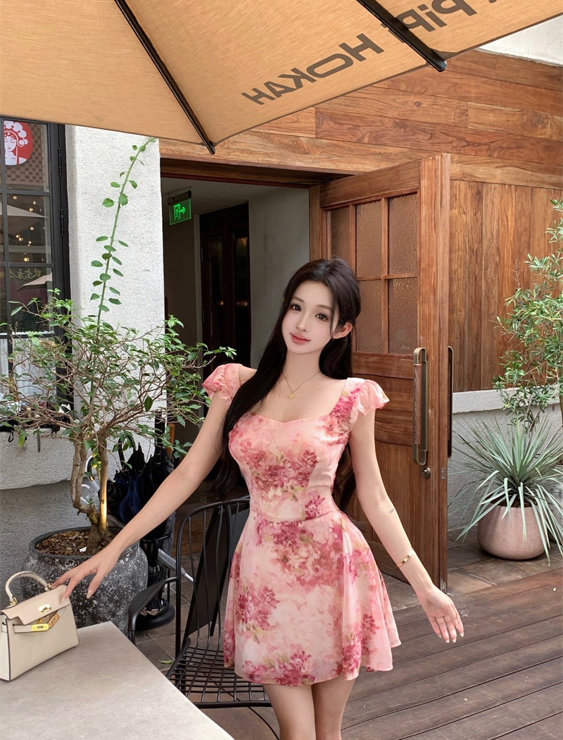 Bandage colors romantic sweet pink printing dress