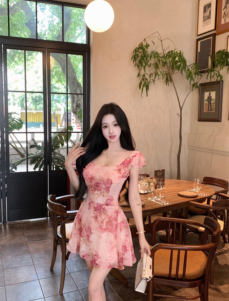 Bandage colors romantic sweet pink printing dress
