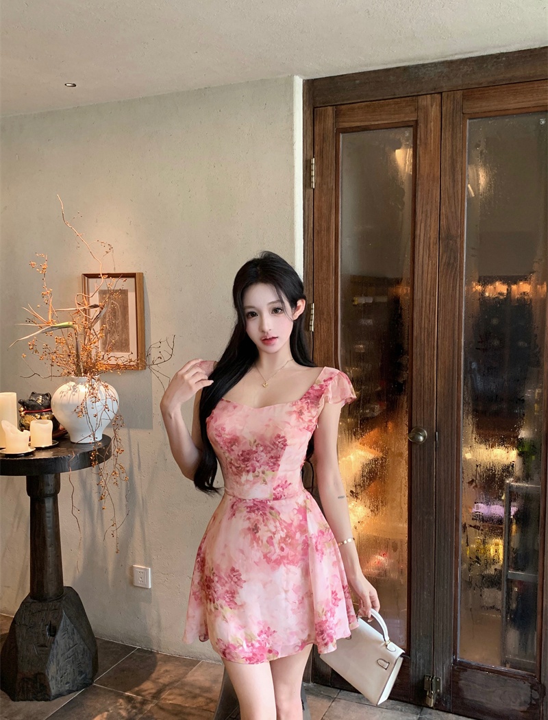Bandage colors romantic sweet pink printing dress