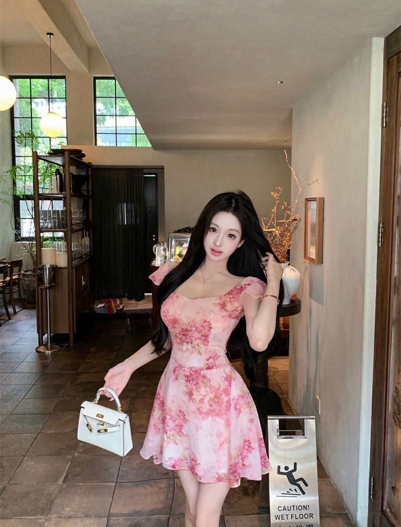 Bandage colors romantic sweet pink printing dress