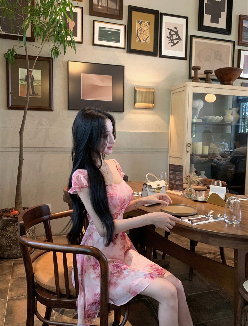 Bandage colors romantic sweet pink printing dress