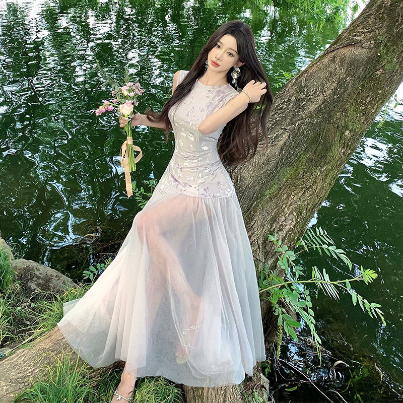 Sling thin dress purple summer long dress