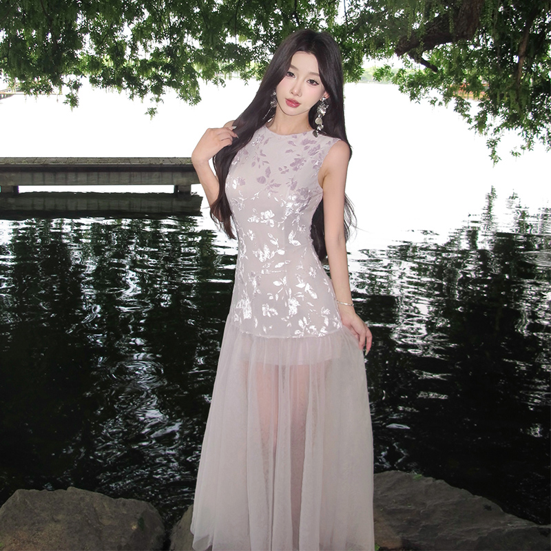 Sling thin dress purple summer long dress