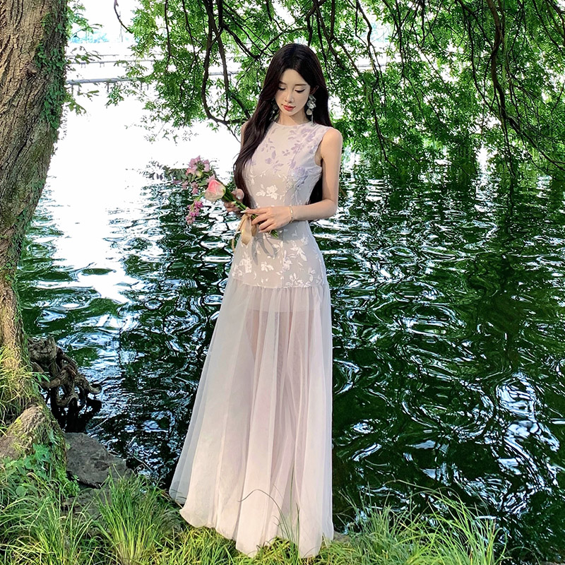 Sling thin dress purple summer long dress