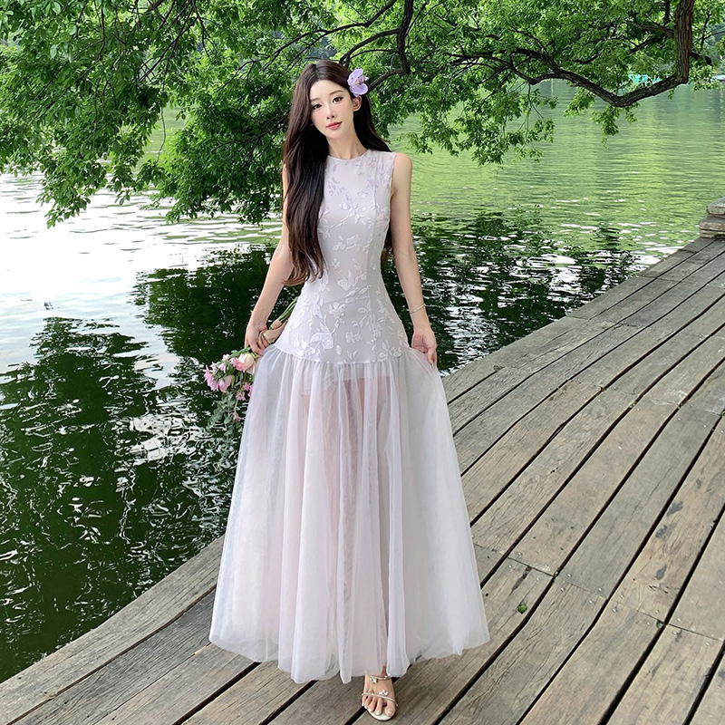 Sling thin dress purple summer long dress