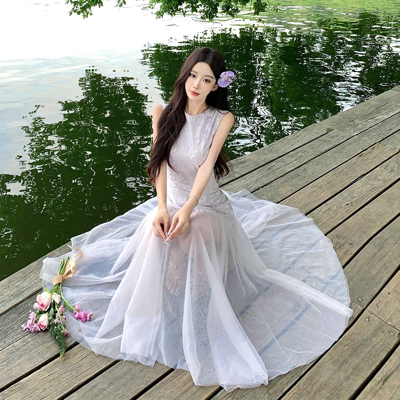 Sling thin dress purple summer long dress