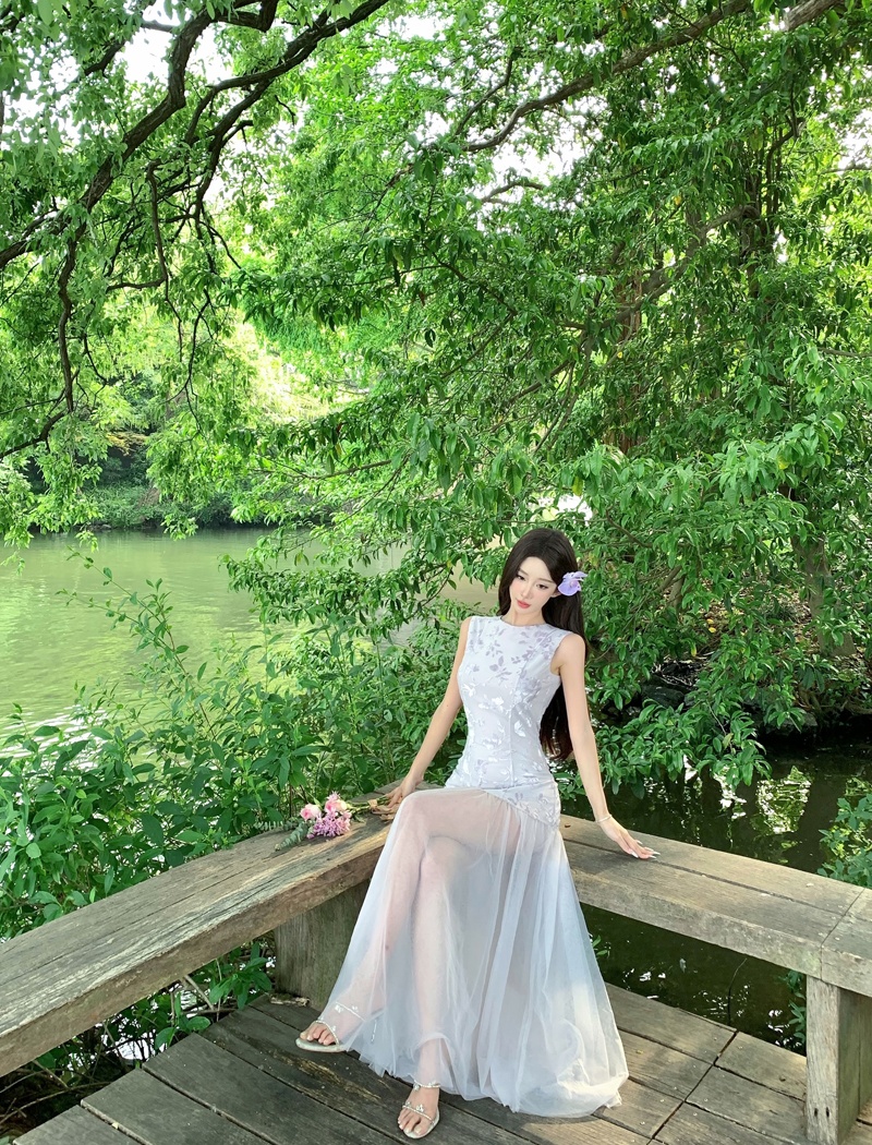 Sling thin dress purple summer long dress