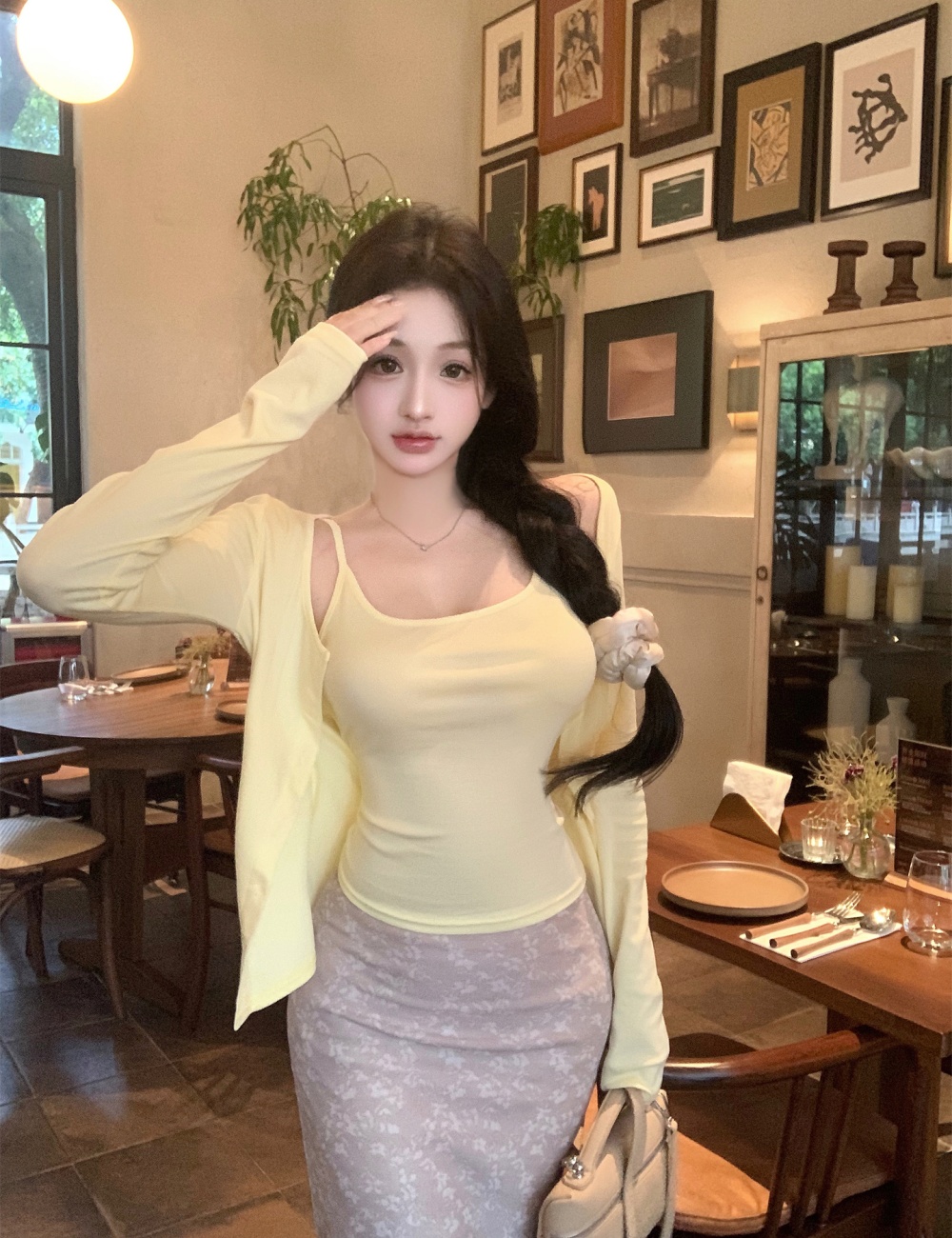 Lace sling cardigan autumn basis skirt 3pcs set