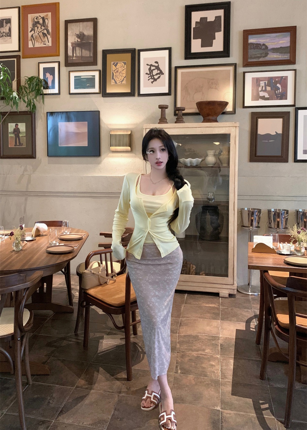 Lace sling cardigan autumn basis skirt 3pcs set
