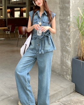 Summer pinched waist pants denim waistcoat 2pcs set
