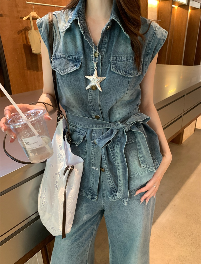 Summer pinched waist pants denim waistcoat 2pcs set