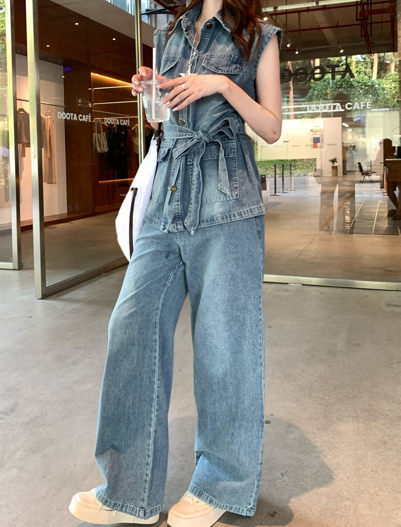 Summer pinched waist pants denim waistcoat 2pcs set