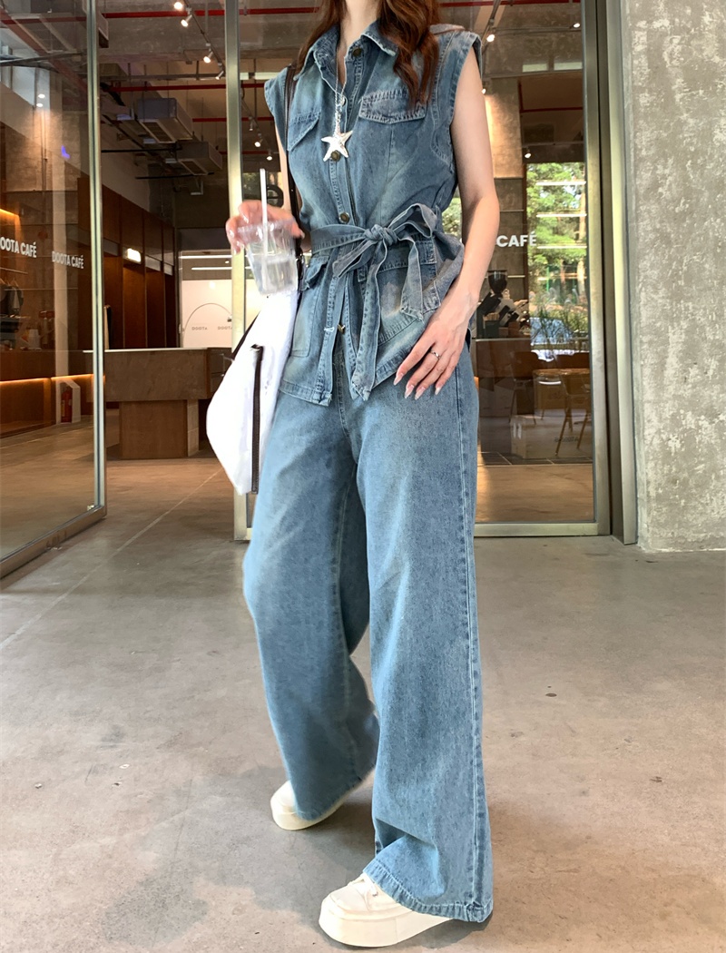 Summer pinched waist pants denim waistcoat 2pcs set
