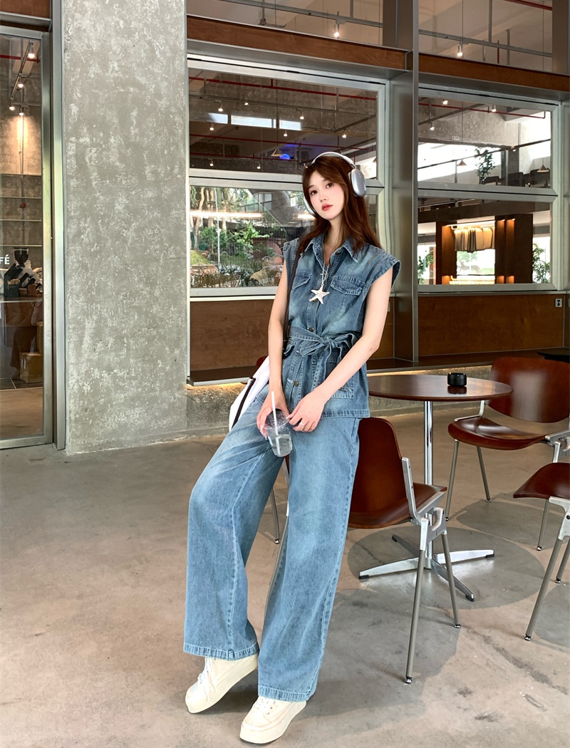 Summer pinched waist pants denim waistcoat 2pcs set