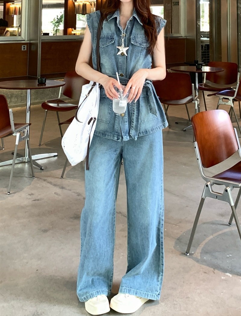 Summer pinched waist pants denim waistcoat 2pcs set