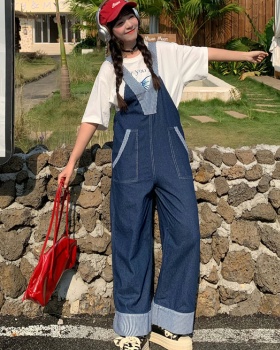 Korean style wide leg bib pants splice jumpsuit