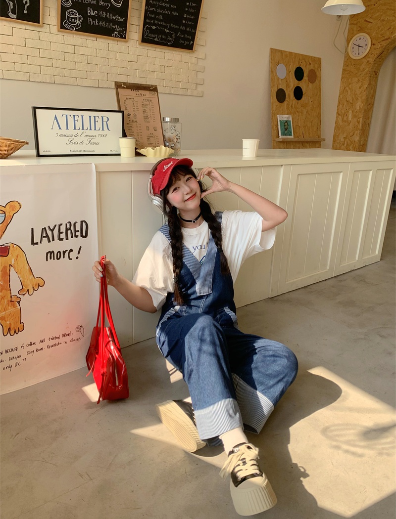 Korean style wide leg bib pants splice jumpsuit