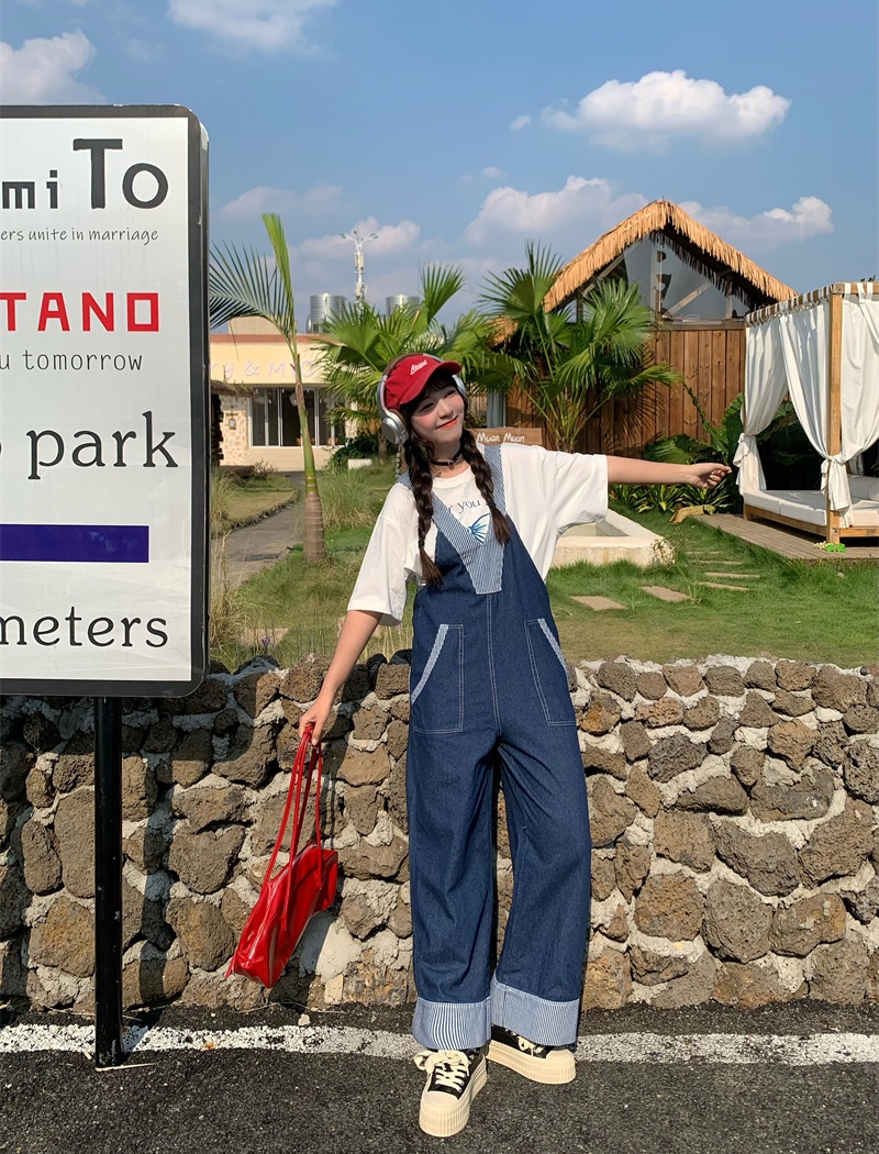 Korean style wide leg bib pants splice jumpsuit