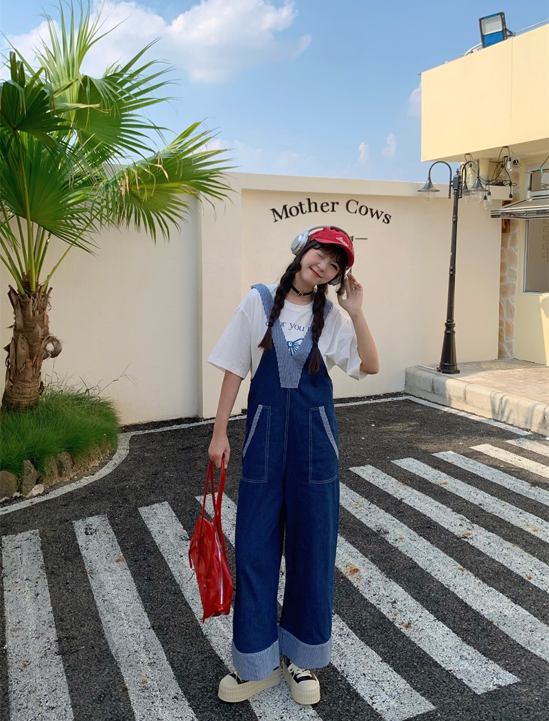 Korean style wide leg bib pants splice jumpsuit