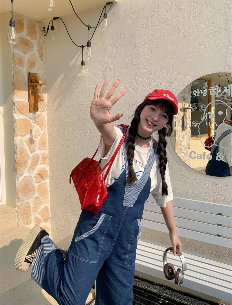 Korean style wide leg bib pants splice jumpsuit