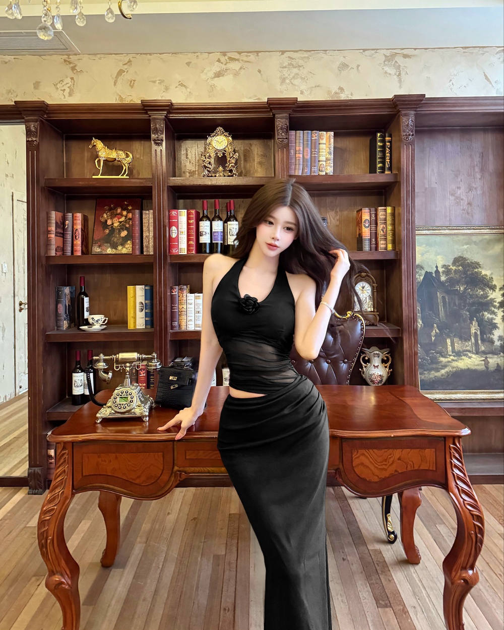 Sexy package hip splice France style show waist gauze dress