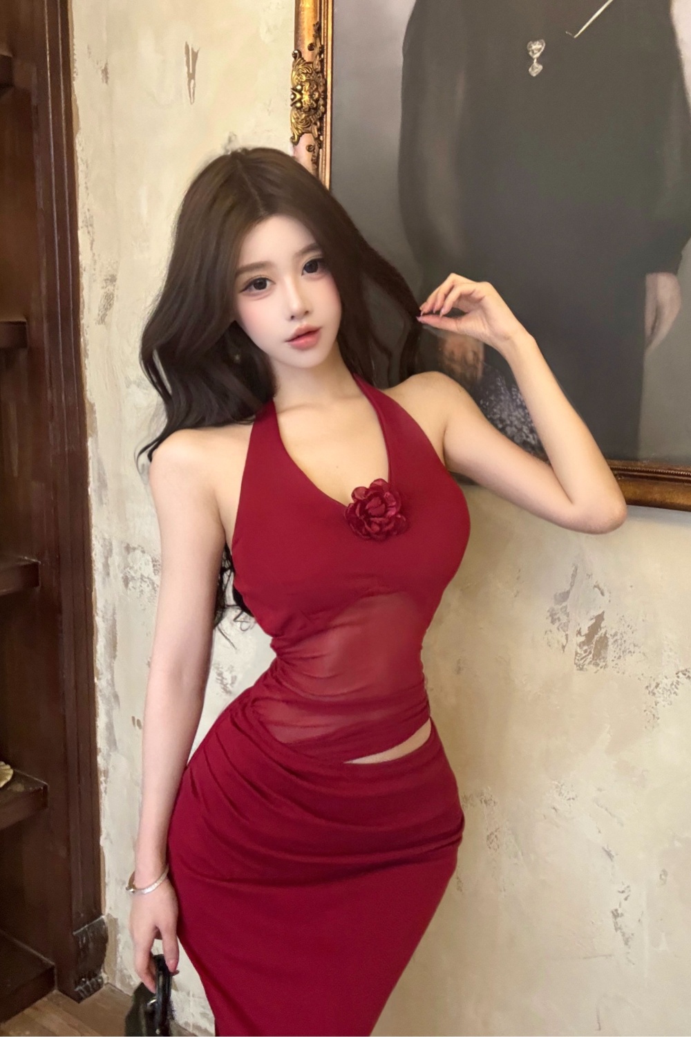 Sexy package hip splice France style show waist gauze dress