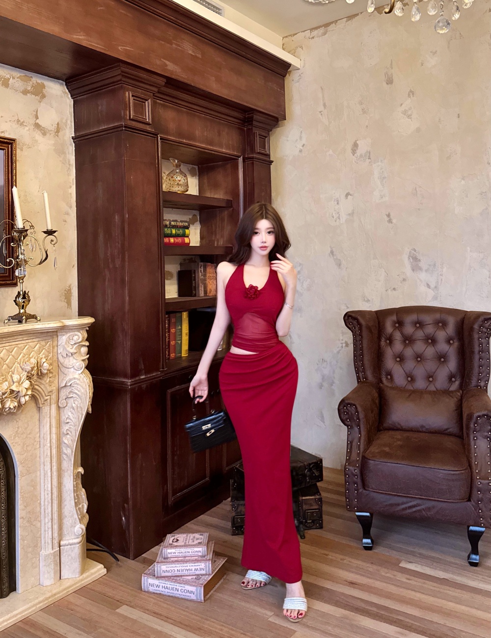 Sexy package hip splice France style show waist gauze dress