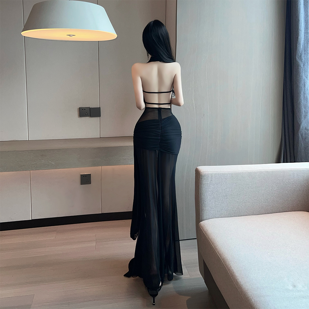 Side bandage splice long sexy V-neck halter dress