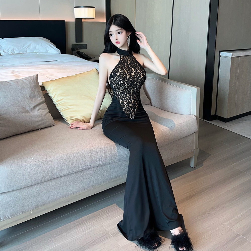 Lace splice dress sleeveless package hip formal dress