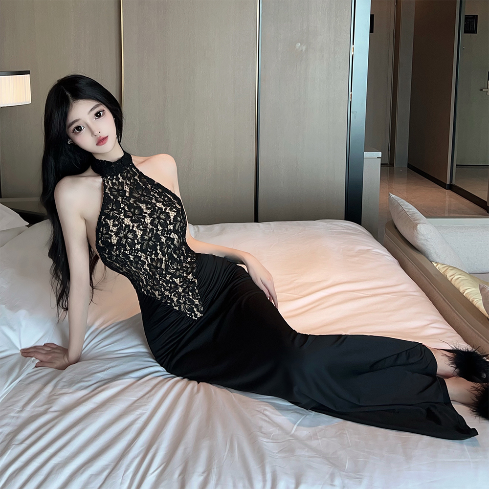 Lace splice dress sleeveless package hip formal dress