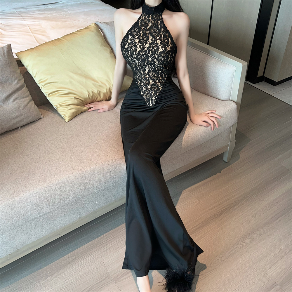 Lace splice dress sleeveless package hip formal dress