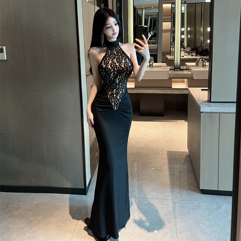 Lace splice dress sleeveless package hip formal dress