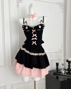 Slim sling enticement tops cartoon summer kitten skirt a set