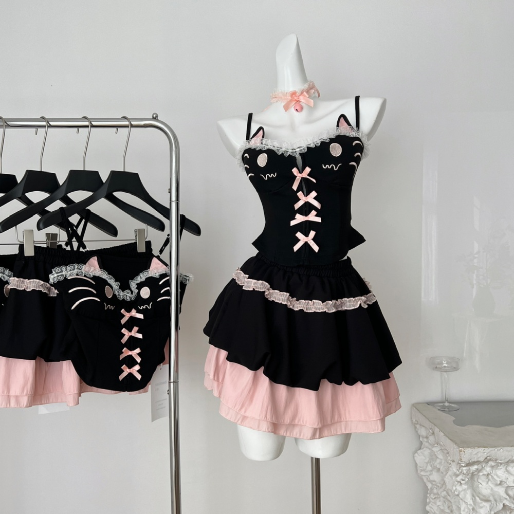 Slim sling enticement tops cartoon summer kitten skirt a set